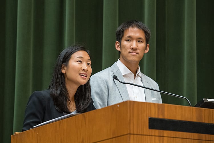 Carolyn Chuong and Nolan Chao, MBA 18, introduce Ellen Pao