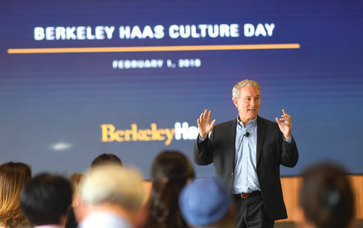 Dean Rich Lyons, BS 82, speaking at Culture Day in February, which marked the eighth anniversary of the Defining Leadership Principles.