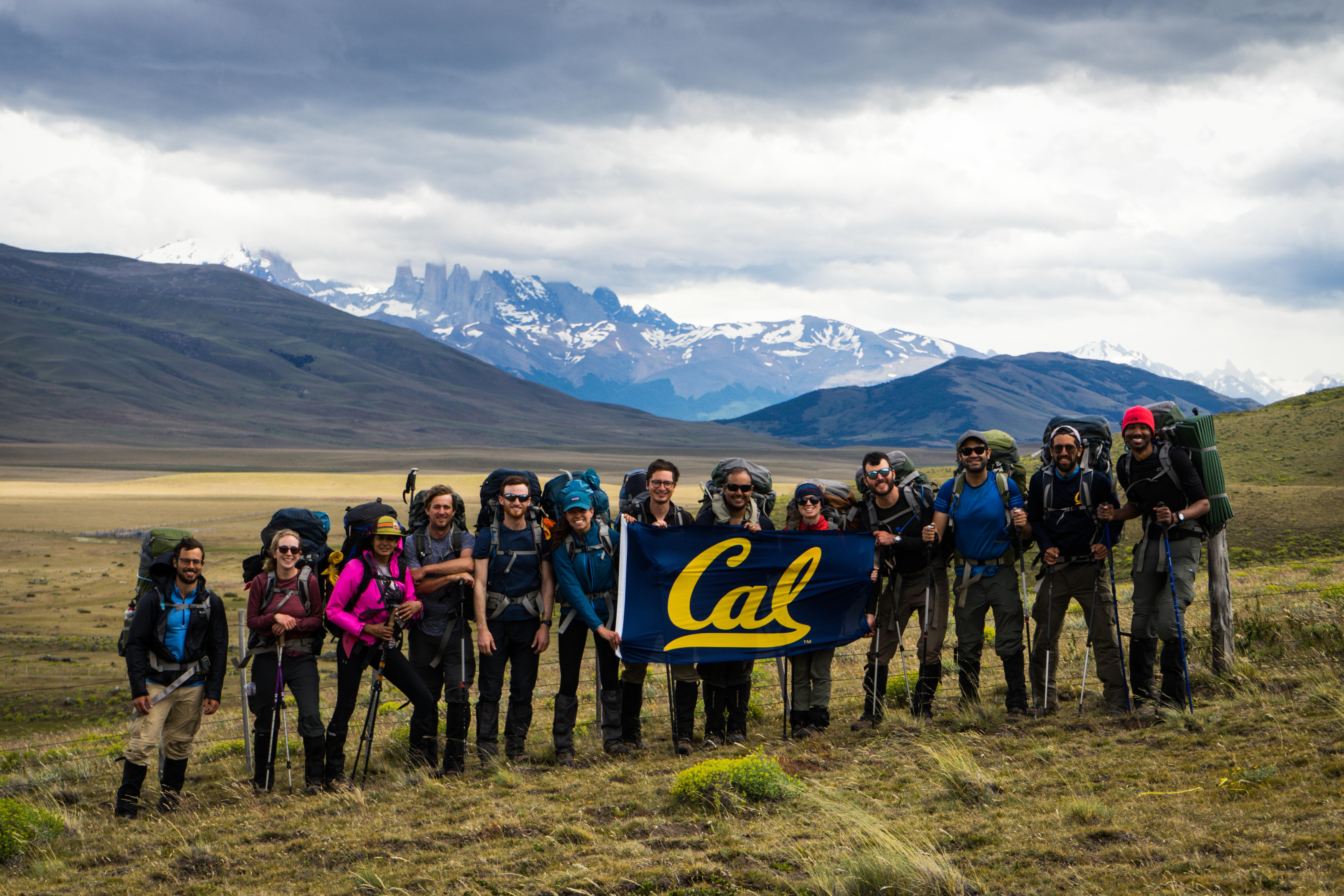The Patagonia team holding the Cal banner.