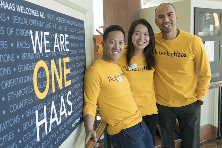 Evening & Weekend students stand strong with the "We are one Haas" message of inclusiveness.
