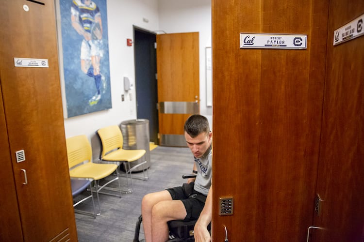 Paylor at his locker in the high performance center, where he works out three times week.