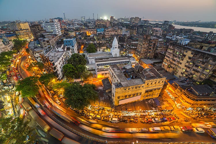 Kolkata city top view at night, West Bengal, India. Long exposure photo