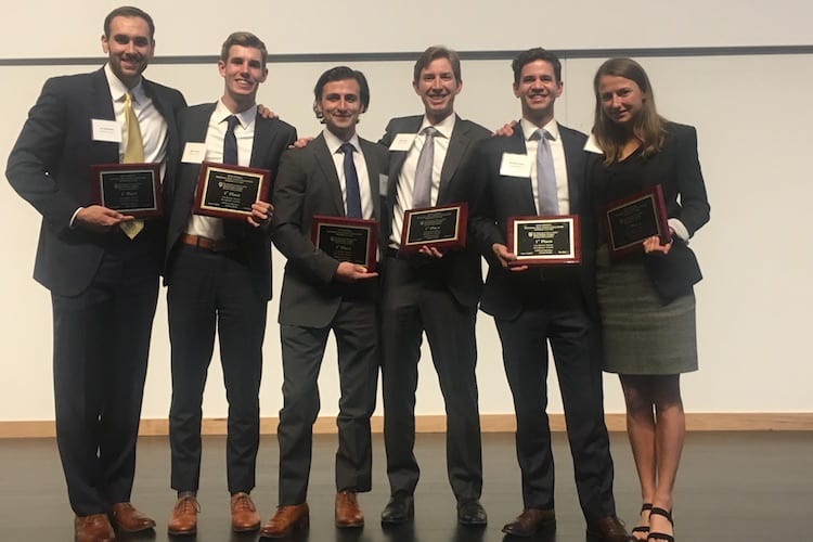  National Real Estate Case Competition winning team: (left to right) Joe Dembesky 19, Mike Wiedman 20, Mark Trainer, MCP 19, Claire Collery 19, Matthew Hines 19, and Robert Kelly 20.