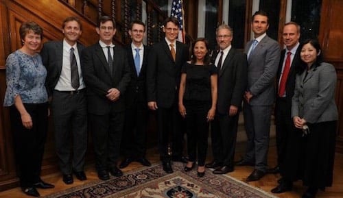 Eleni Kounalakis (middle) surrounded by Haas alumni and community (including former Dean Rich Lyons and Peter Johnson, assistant dean of full-time MBA program and admissions, at a 2011 event held at the Ambassador’s residence in Budapest in 2011. 