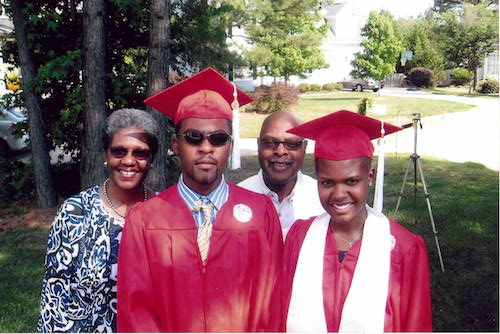 King, who earned a BS in chemical engineering in 2010, with her brother and her parents at North Carolina State commencement.