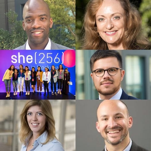 Clockwise from top left: Bosun Adebaki, MBA 19, Karin Bauer, program manager for the Berkeley Haas Blockchain Initiative, high school students attending a She256 event, Asst. Prof. Giovanni Compiani, Kate Tomlinson, MBA 20, and Adam Sterling, executive director of the Berkeley Center for Law and Business.