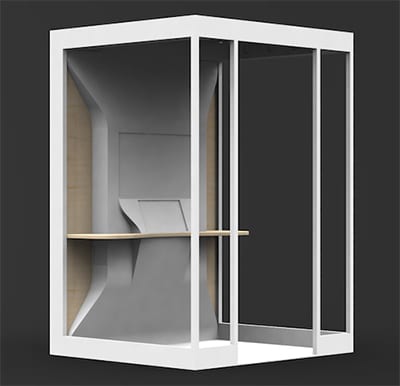 A prototype of the soundproof glass karaoke booth being manufactured by Berkeley students 
