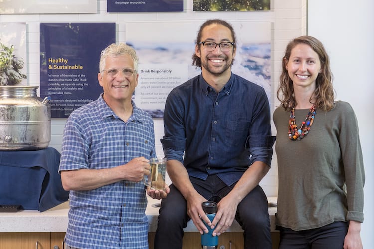 (left to right) Will Rosenzweig, who launched the Sustainable Food Initiative at Haas, with Aaron Hall, a PhD student in the Materials Science & Engineering Program, and Jessica Heiges, a PhD candidate in Environmental Science, Policy, & Management. 
