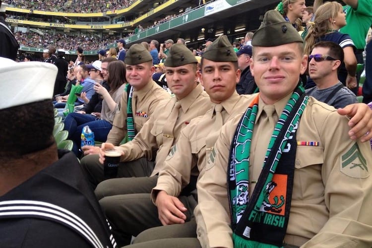 Alex (second from right) with a group of Marines at the US Navy vs Notre Dame Game in Dublin, Ireland in September 2012.