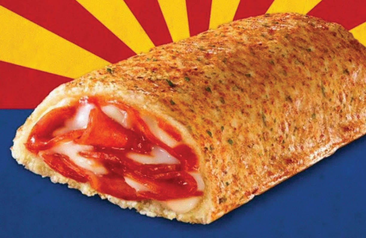 Hot pocket with the end cut off, showing the filling