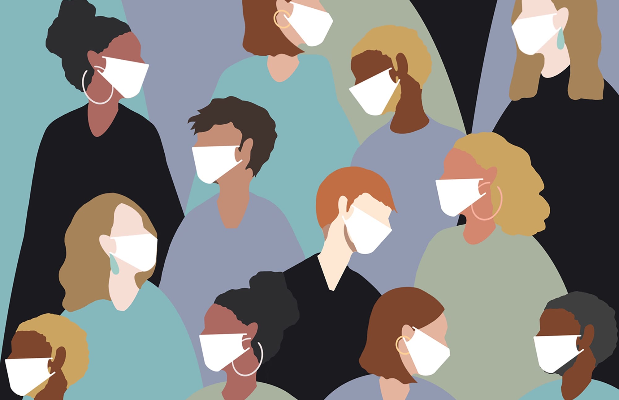 Illustration of a group of people wearing masks to prevent spreading illness