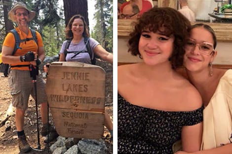 Harrison hiking with her brother, Laurent Harrison. right: Daughters Alice (18), a freshman at UC Santa Barbara, and Emily (23), a graduate studentat Williams in art history