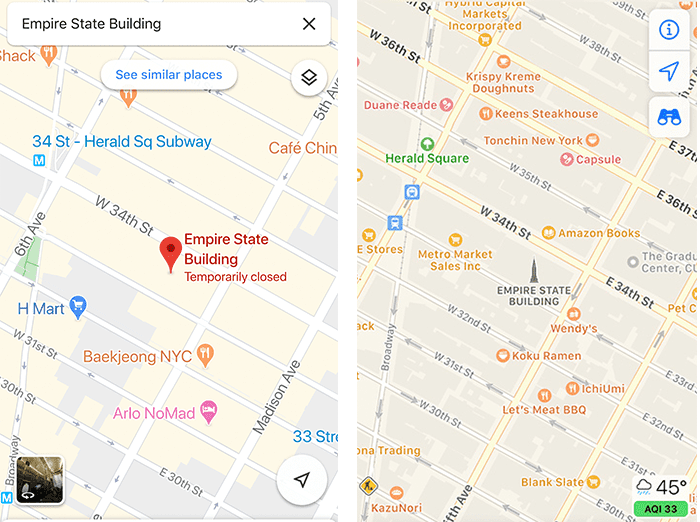 Screenshot of Google and Apple maps of the area around the Empire State Building