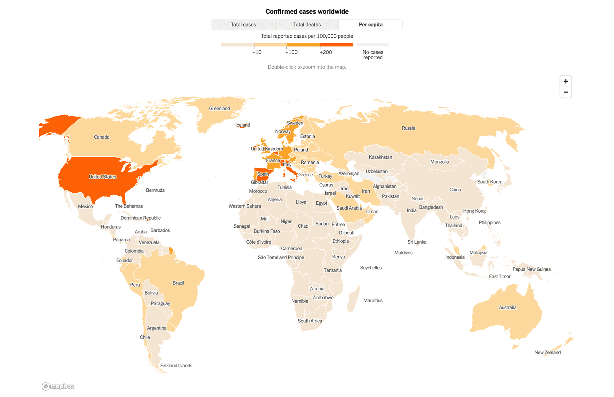 Screenshot of New York Times Coronavirus Map: Tracking the Global Outbreak cases per capita