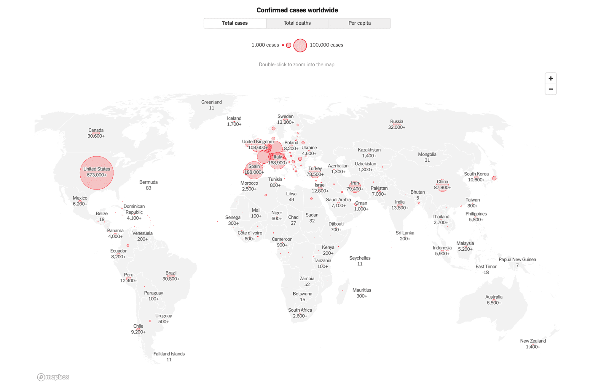 Screenshot of New York Times Coronavirus Map: Tracking the Global Outbreak
