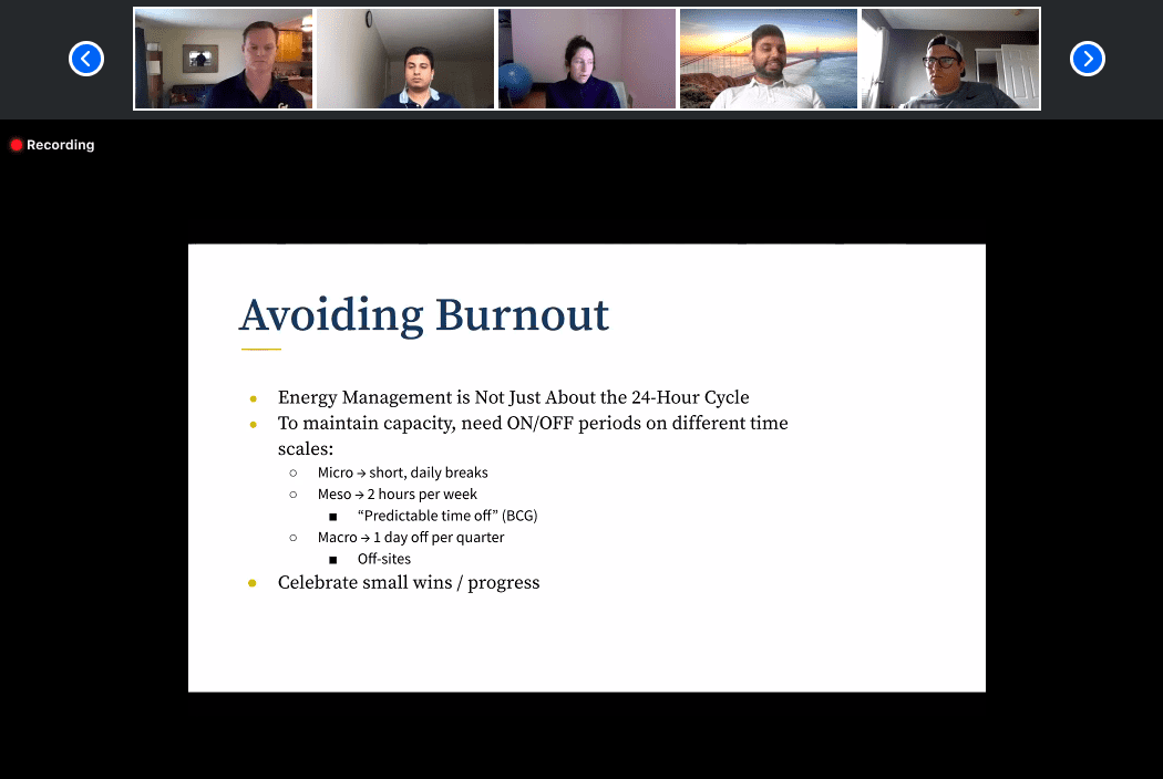 A slide on avoiding burnout from the Becoming Superhuman course.