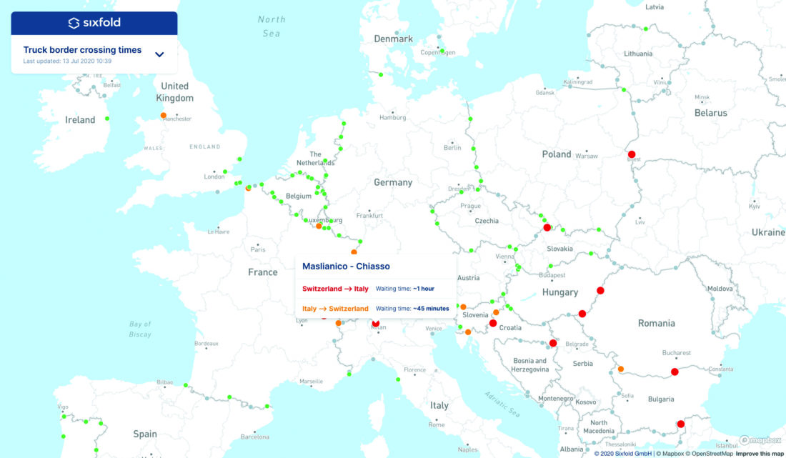 Map of Europe showing Sixfold’s real-time visibility of the entire supply chain.