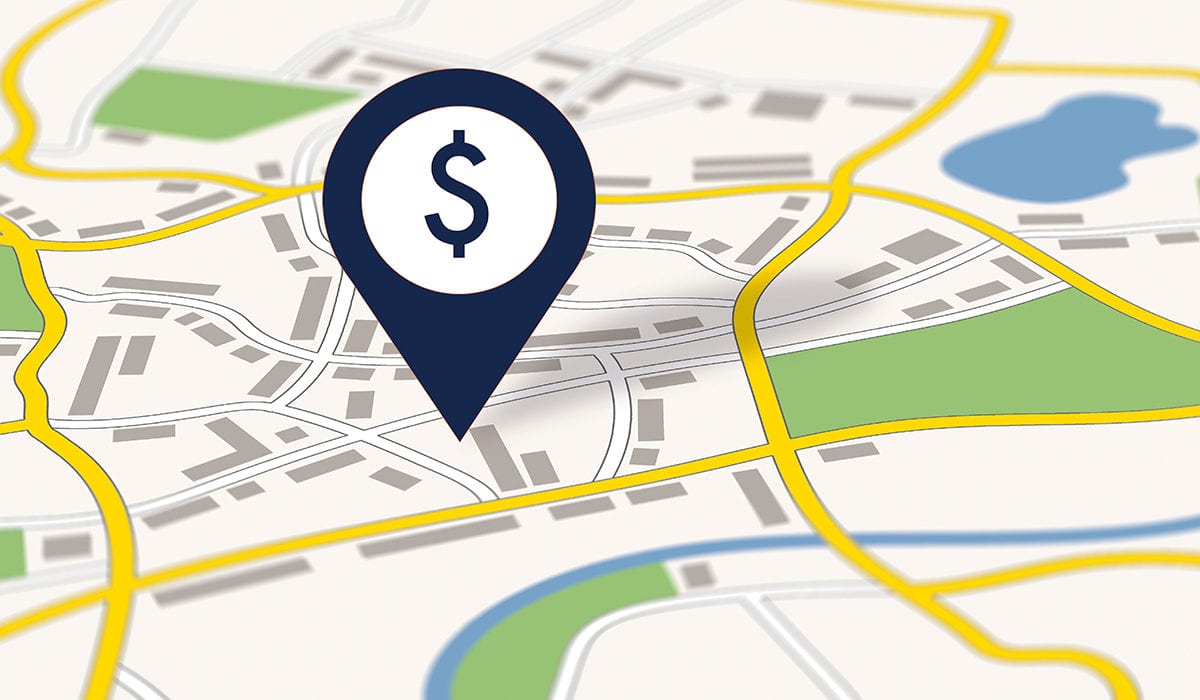 Map with a dollar sign icon as a pointer.