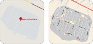 Correcting Bias: OpenStreetMap (far right, showing a location in Jordan) excels at open-source projects like mapping refugee camps, which maps like Google may miss.
