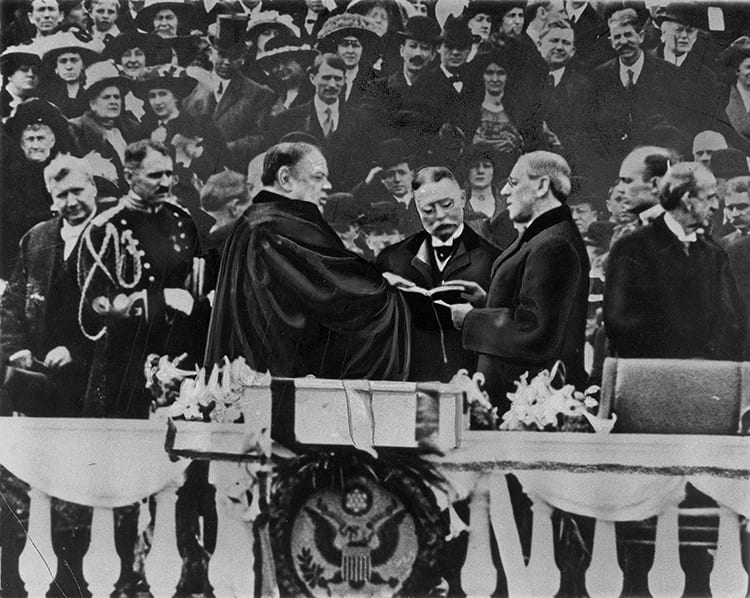 Woodrow Wilson being sworn in to office on March 4, 1913