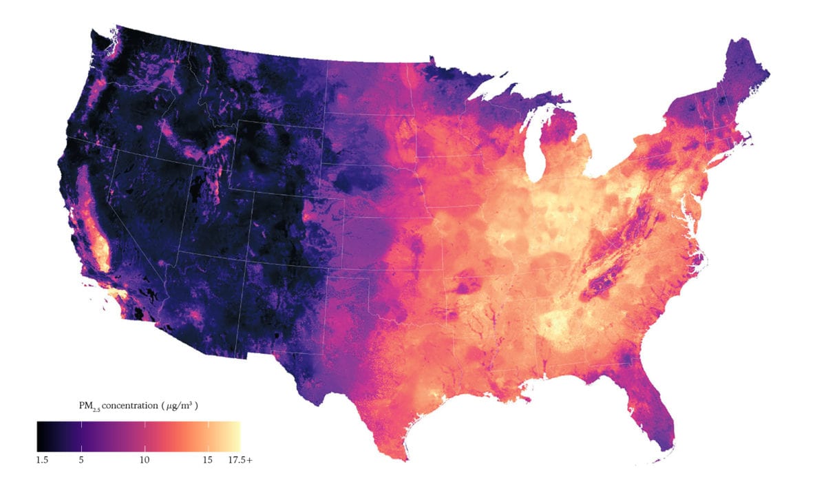 Multicolored map of the U.S. showing air pollution levels in 2005.
