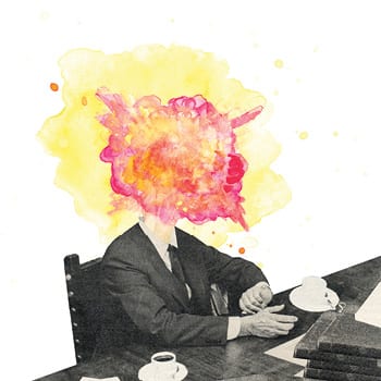 Worker in suit and tie with head exploding.