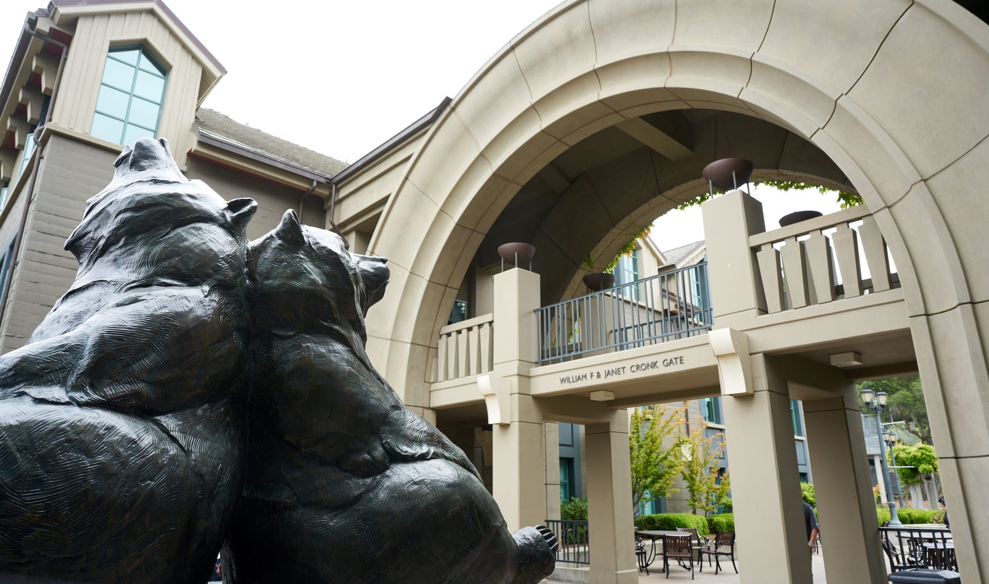 Bear statue in front of Cronk Gate at Haas.