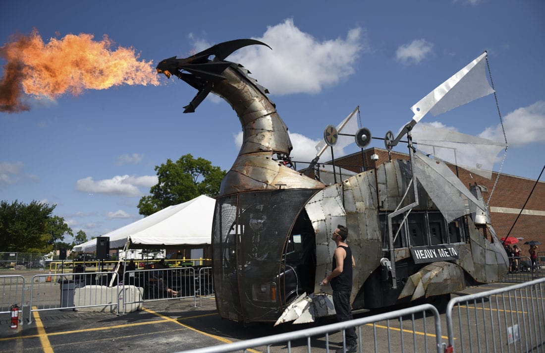 Heavy Meta, the 30-foot, fire-breathing dragon is displayed at the 2018 Maker Faire in Detroit