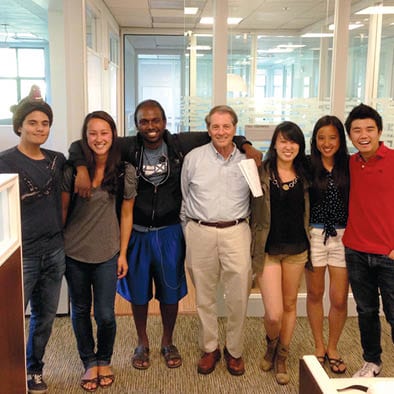 From left: Andrew Yassa, Alex Myers Cooper, BS 13; Vivek Loganathan, BA 13 (statistics); Haas Lecturer Fred Selinger; Amy Lam, BA 14 (psychology, social welfare); Felicity Tang, BS 15; and Alan Cheng, BS 13, in June 2013.