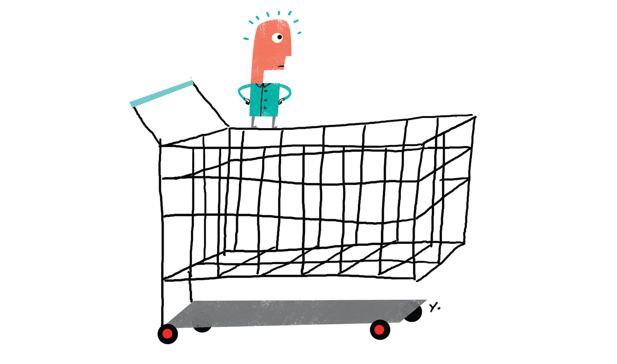 Small, confused cartoon person standing atop an empty shopping cart.