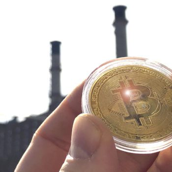 Illustration of a hand holding a bitcoin in front of a power plant