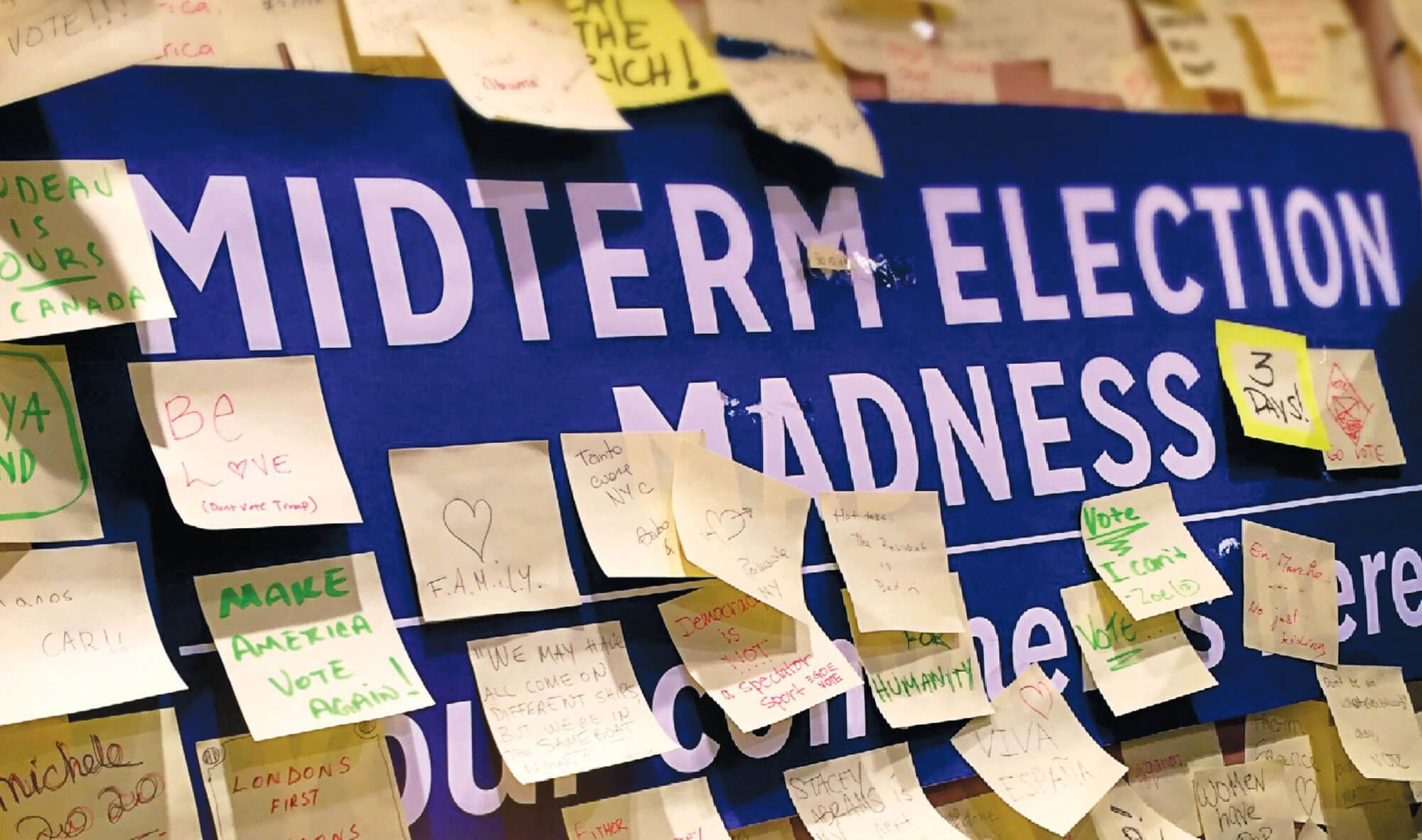 Post-It notes on a board reading Midterm Election Madness.