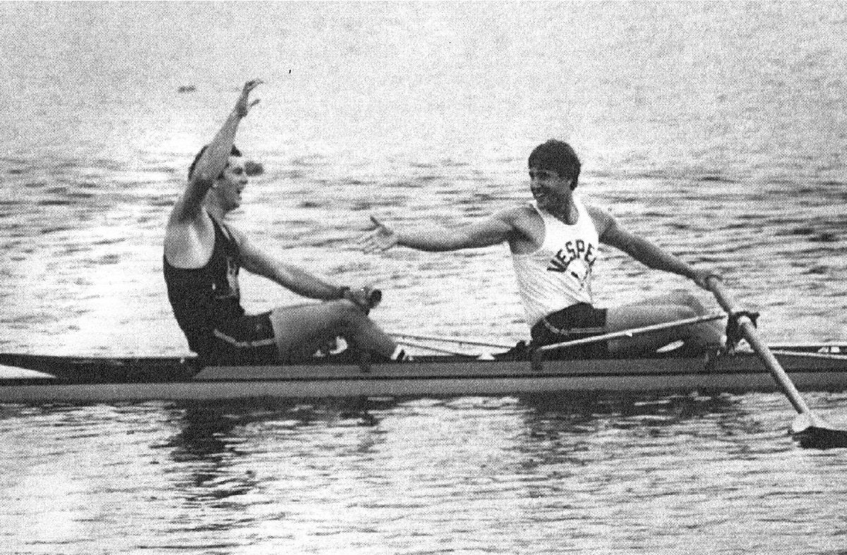 David DeRuff, BS 83, and John Strotbeck, celebrating in their boat.