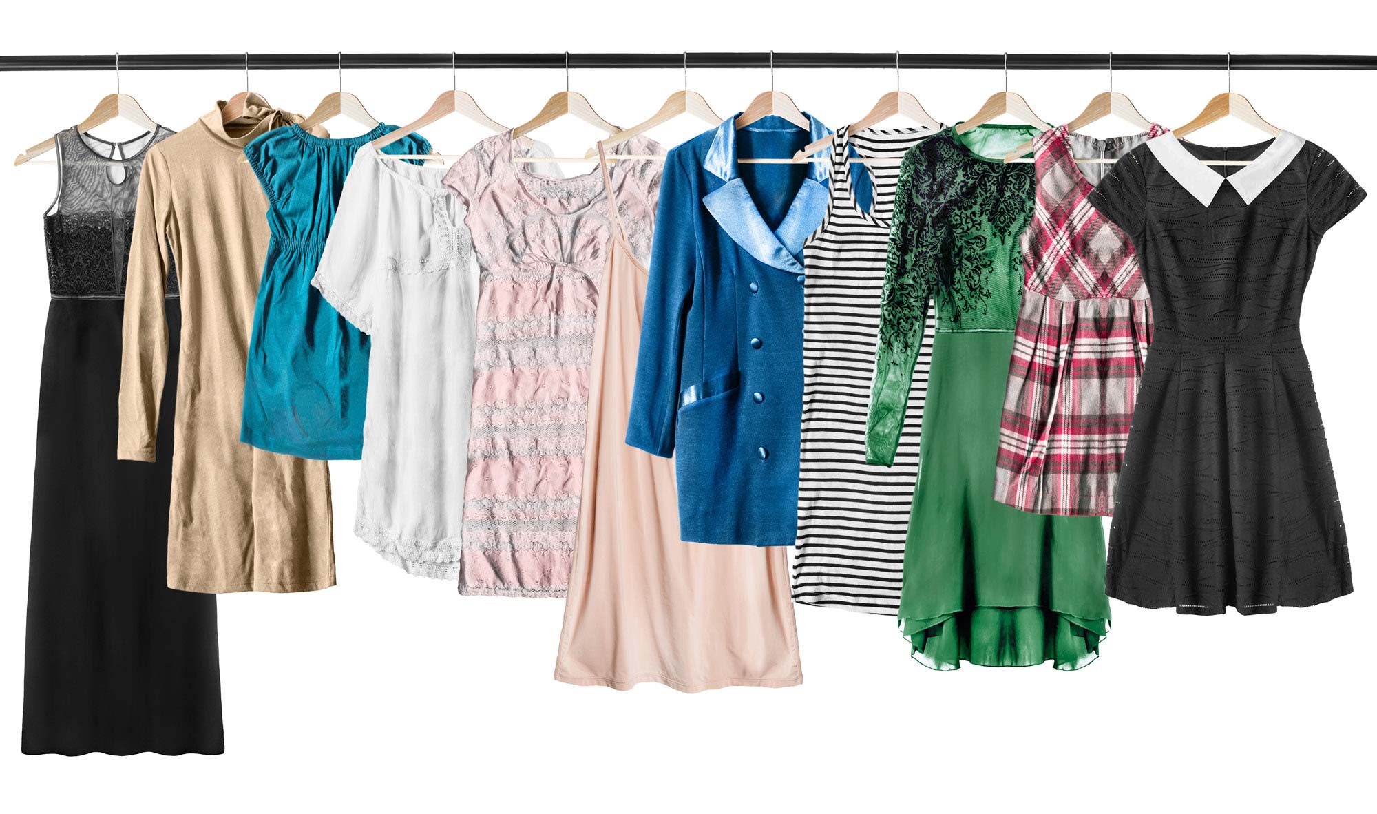 Eleven items of clothing, including dresses, shirts, and a coat, hanging on hangers.