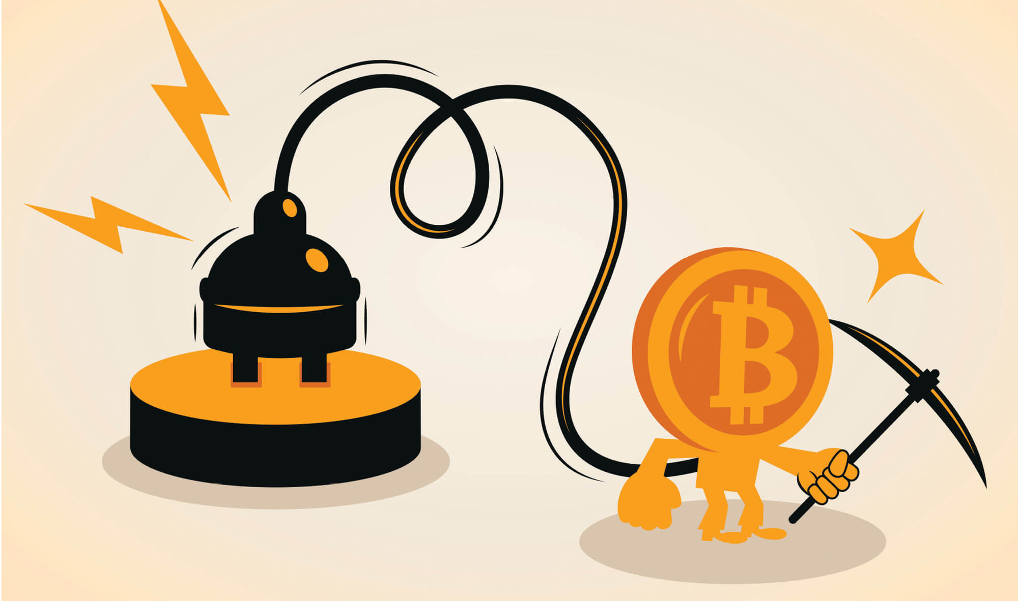 Illustration of a bitcoin miner with a bitcoin for a head attached to a giant plug.