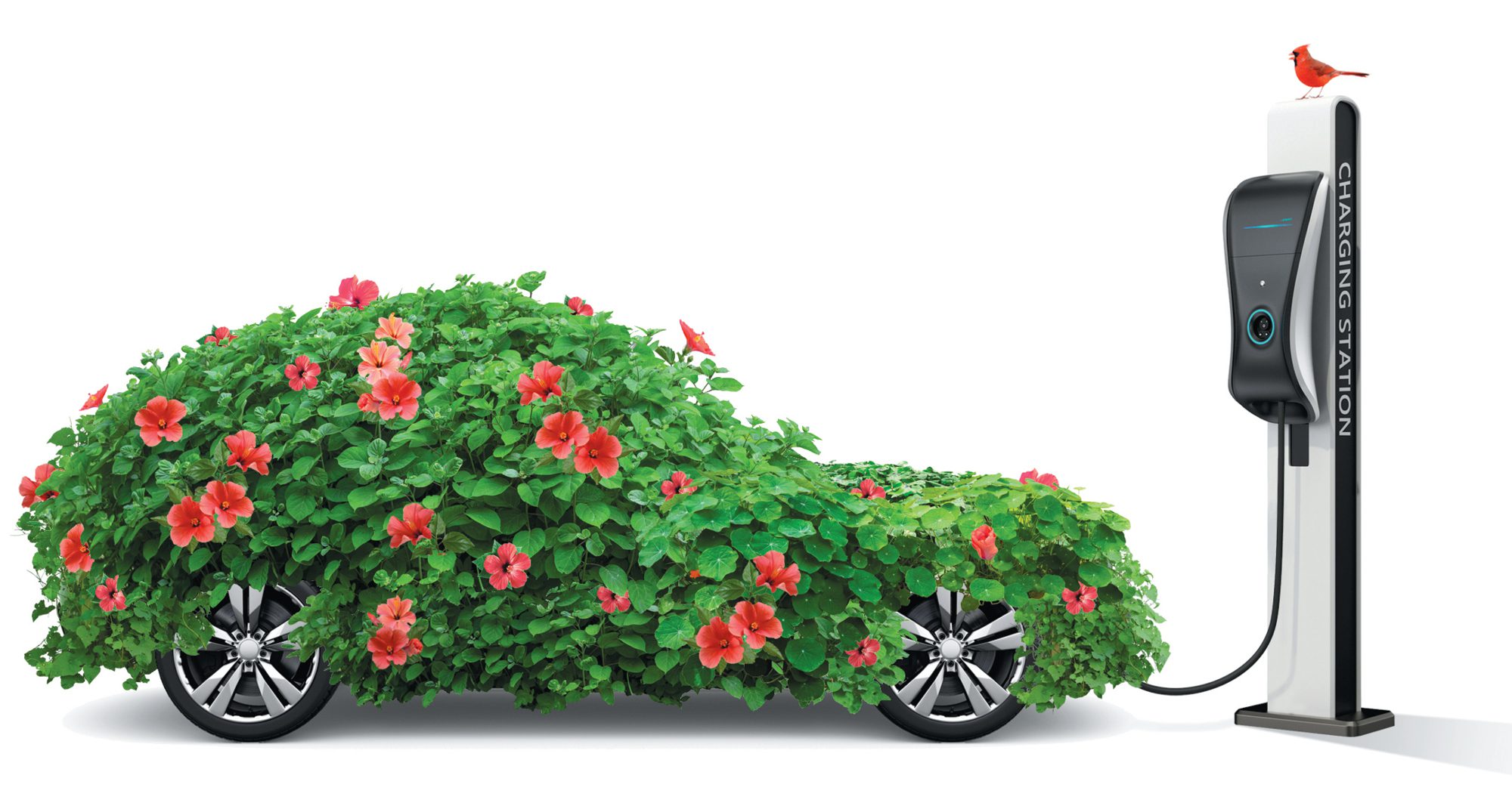 An electric car covered in flowers and leaves at a charging station.