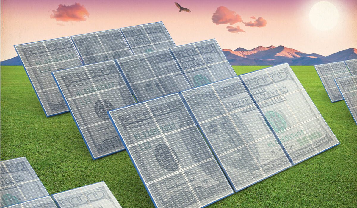 Illustration of solar panels in the form of one hundred dollar bills.