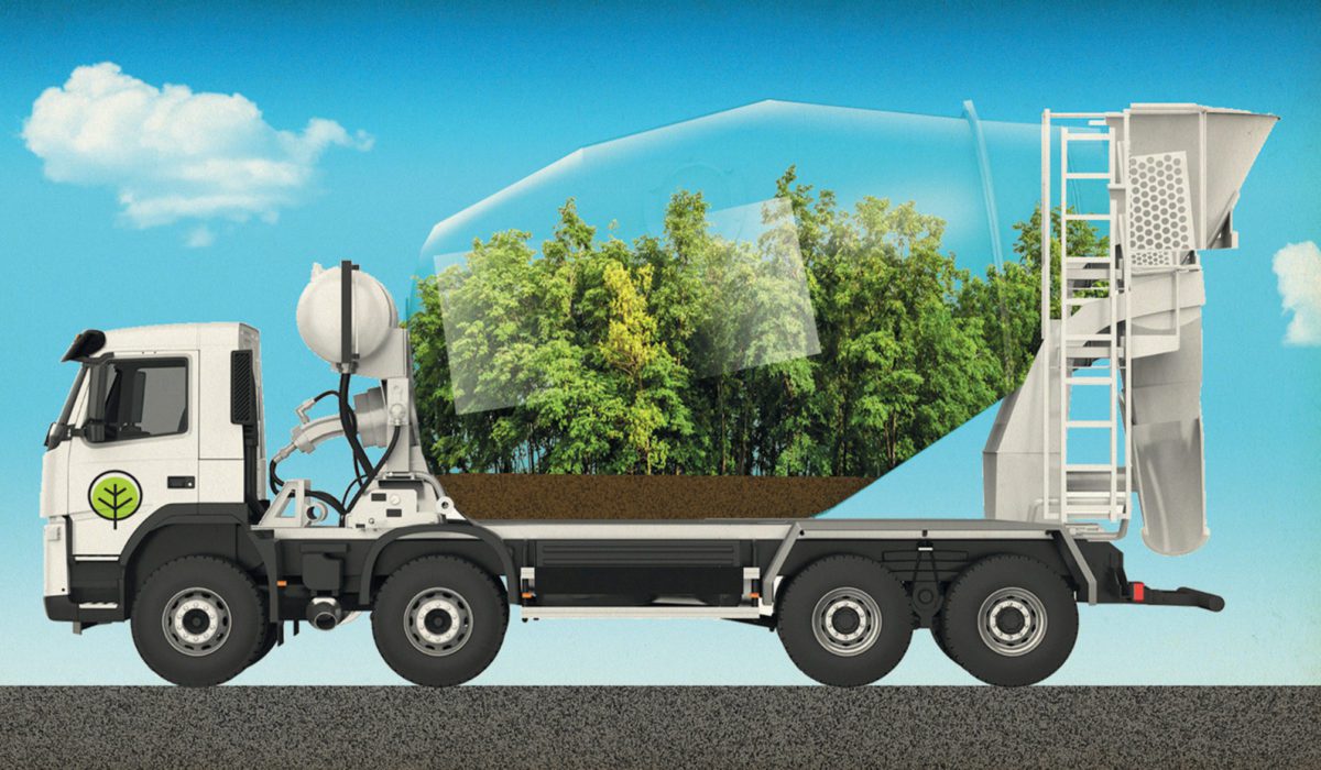 Illustration of a concrete mixer truck with trees in the see-through tank.