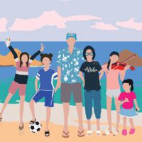 Illustration of Jen Quan, MBA 07, and her family on a beach in Hawaii.