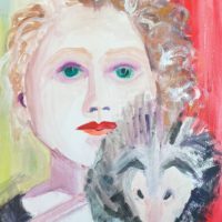 Leslie Smith, MBA 93, in a painted self portrait with opossum found in her art studio.