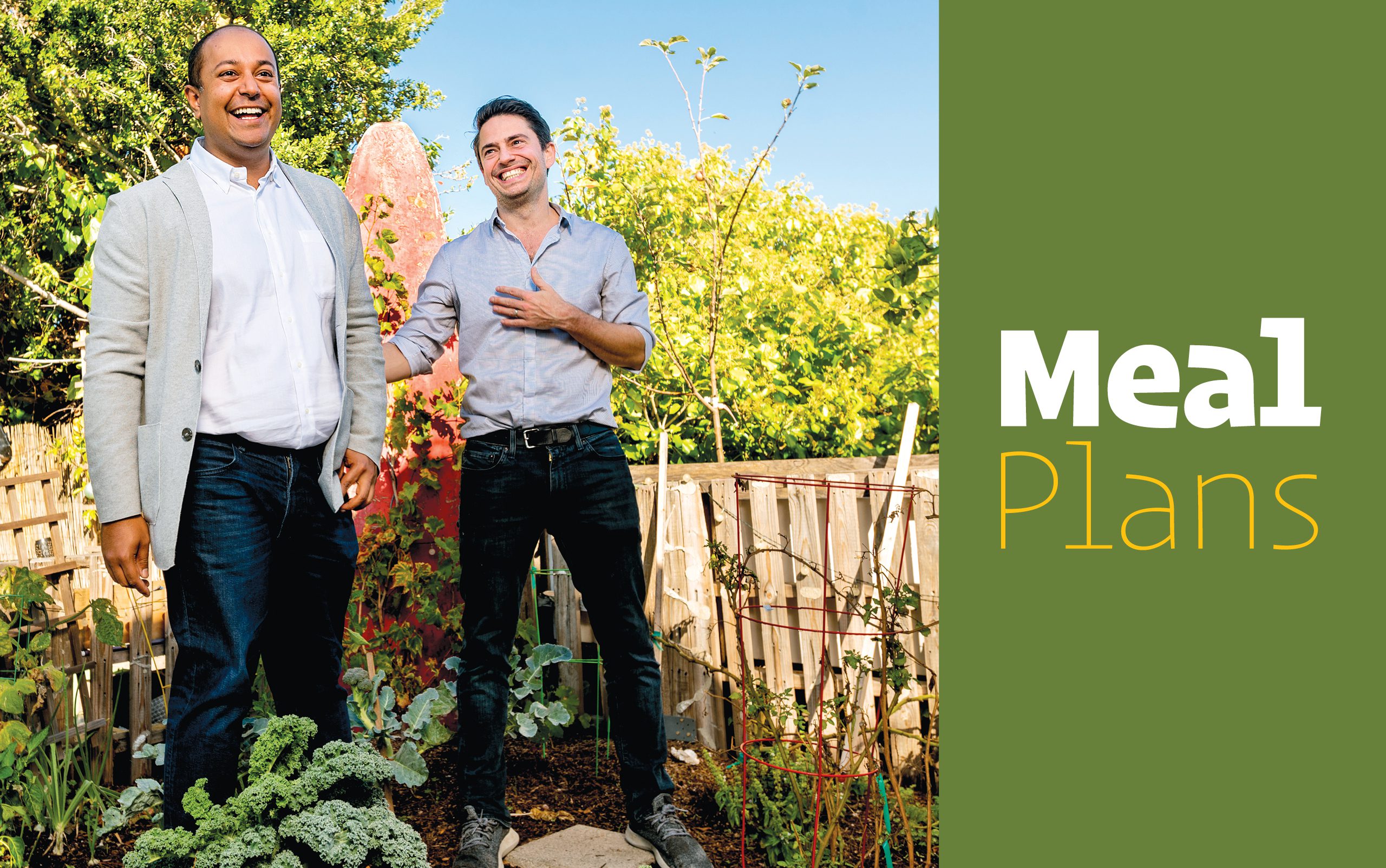 Adrian Rodrigues and Francois-Jerome Selosse, both MBA 18, standing in a garden smiling. The pair co-founded Provenance Capital Group to tackle what they deem one of the greatest challenges of their generation: how to finance regenerative agriculture systems.
