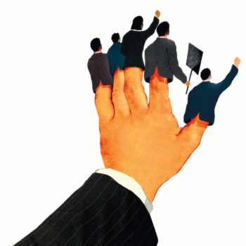 Illustration of a hand of a person wearing a business suit with finger puppets on all five fingers. The puppets are calling for some sort of action, denoting corporate influence.