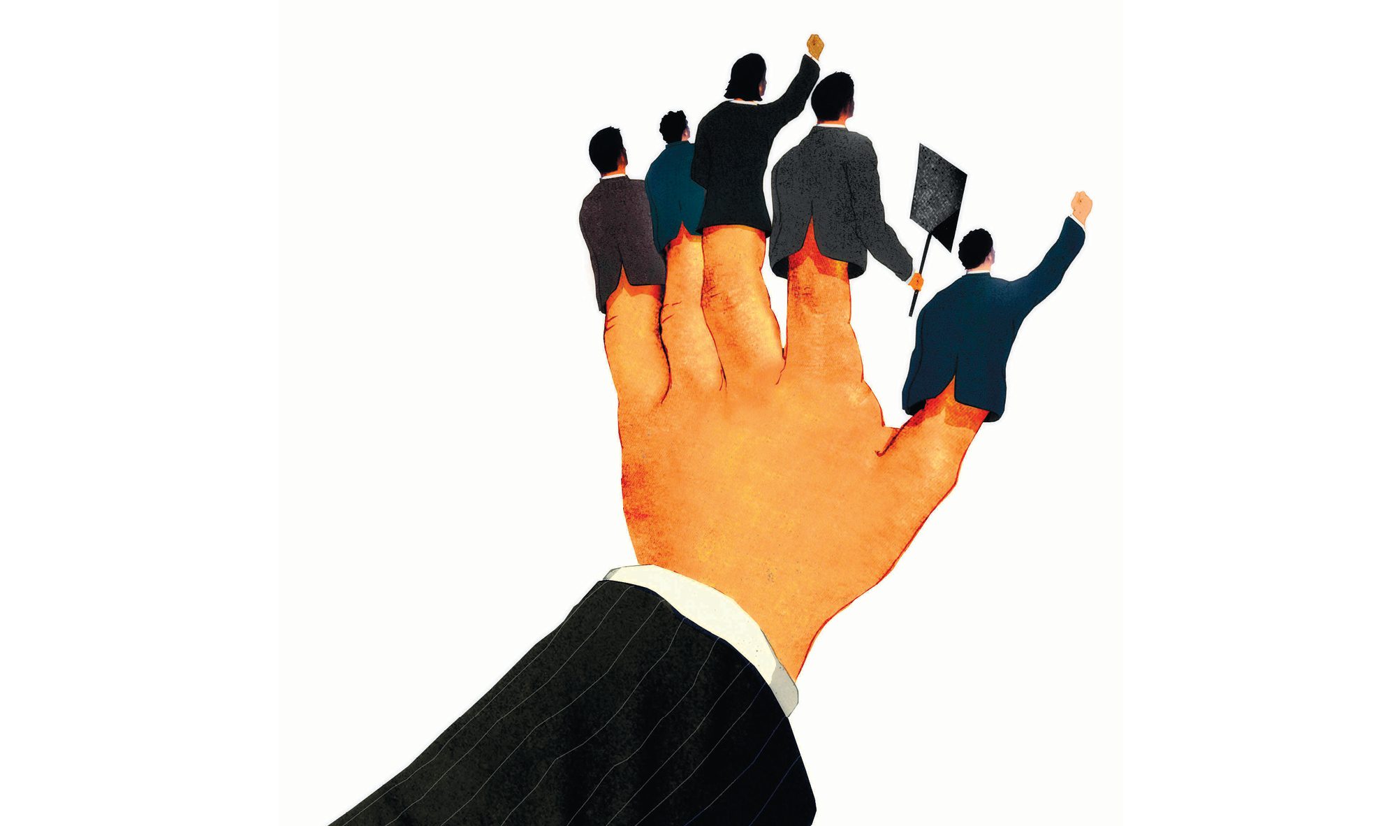 Illustration of a hand of a person wearing a business suit with finger puppets on all five fingers. The puppets are calling for some sort of action, denoting corporate influence.