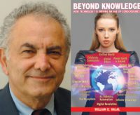 Headshot of William Halal, PhD 71, next to the cover of his new book, Beyond Knowledge.