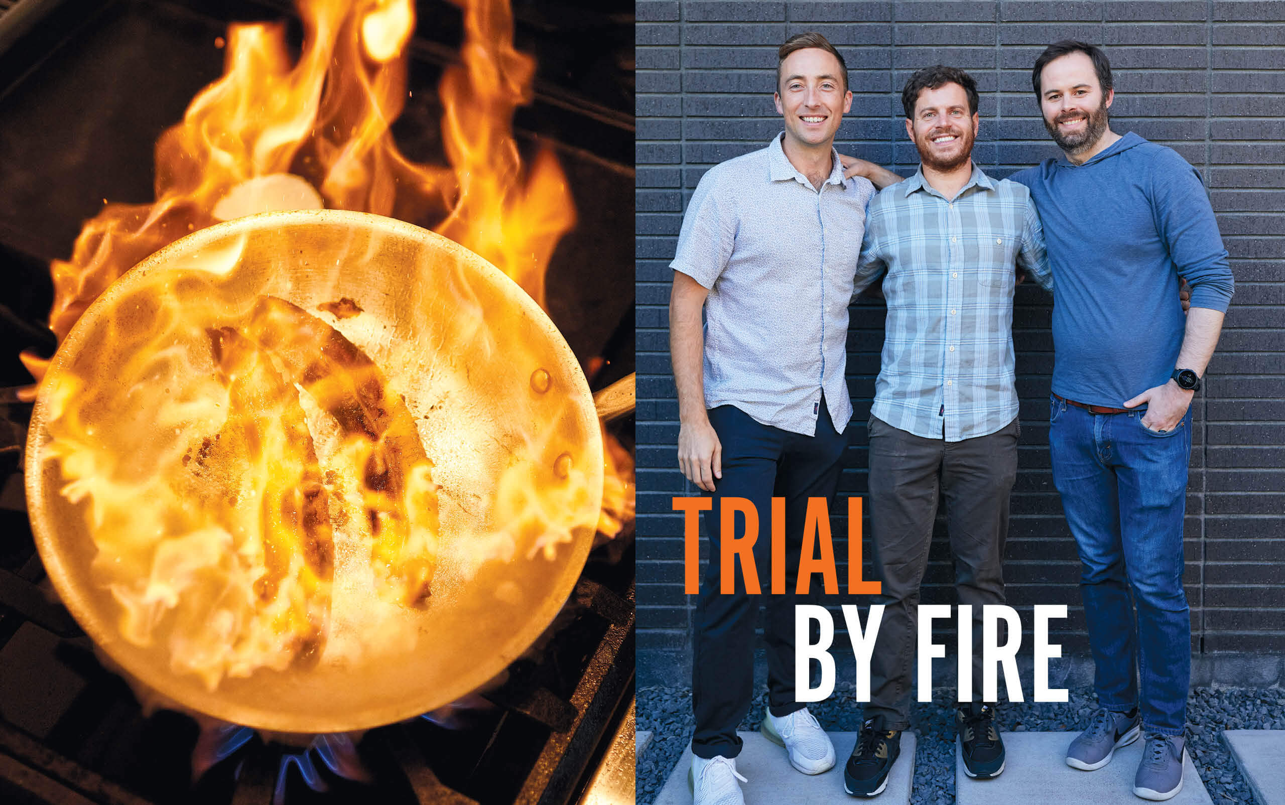 On the left is a Made In frying pan with two strips of bacon engulfed in flames. On the right, Chad Brinton, Chip Malt, and Matt Gunderson, all MBA 15, stand in front of a blue brick wall.