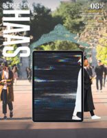Cover of Fall 2021 issue of Berkeley Haas magazine featuring a woman in graduation cap and gown stepping from a virtual world via a tablet onto the real world of campus.