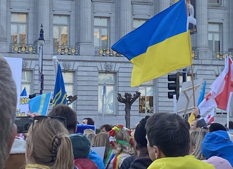 Ukrainian flag at City Hall demonstration for Ukraine