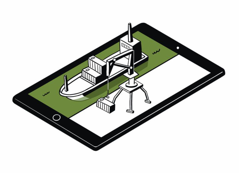 A tablet with a cargo ship and crane unloading cargo in relief on top of the screen.