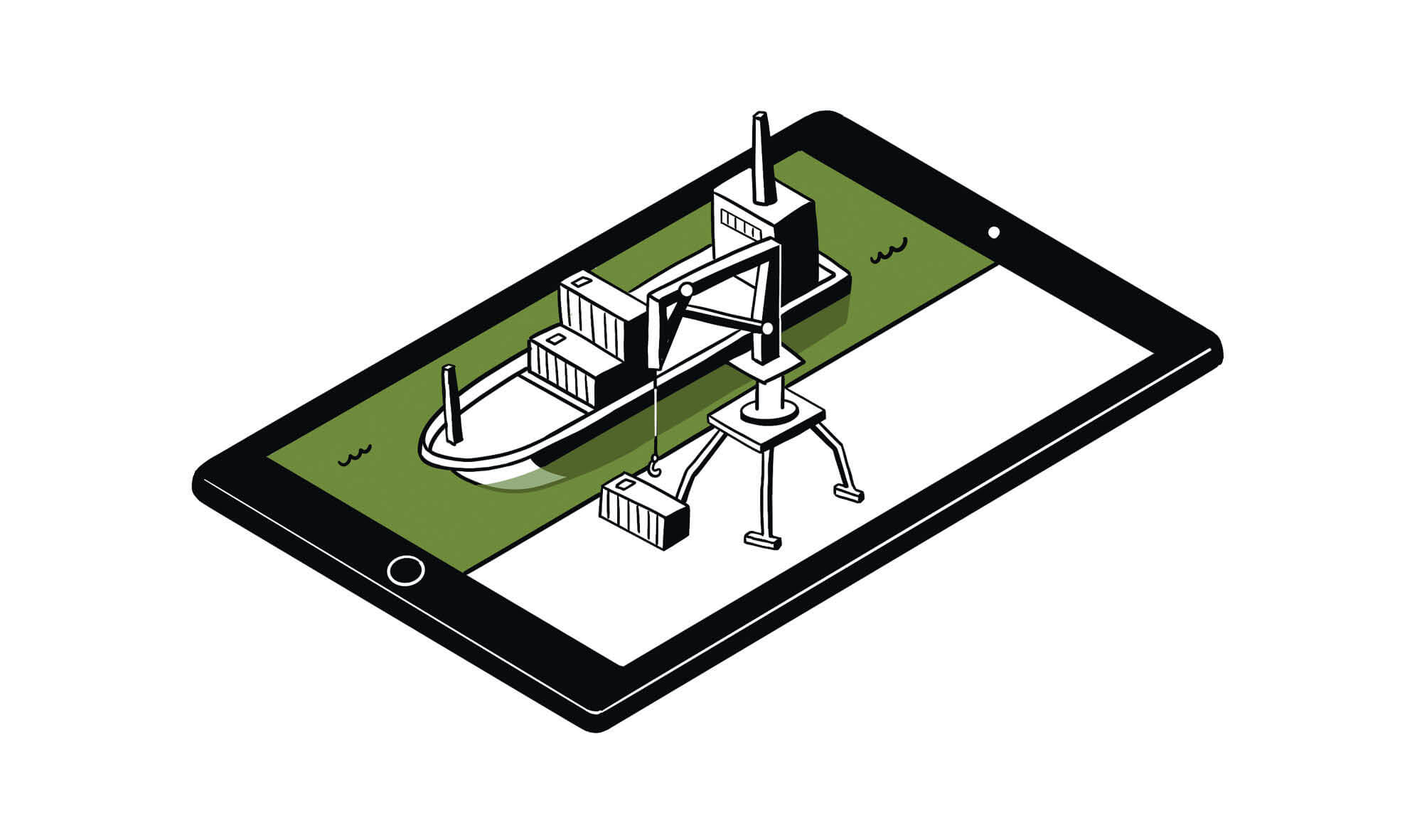 A tablet with a cargo ship and crane unloading cargo in relief on top of the screen.