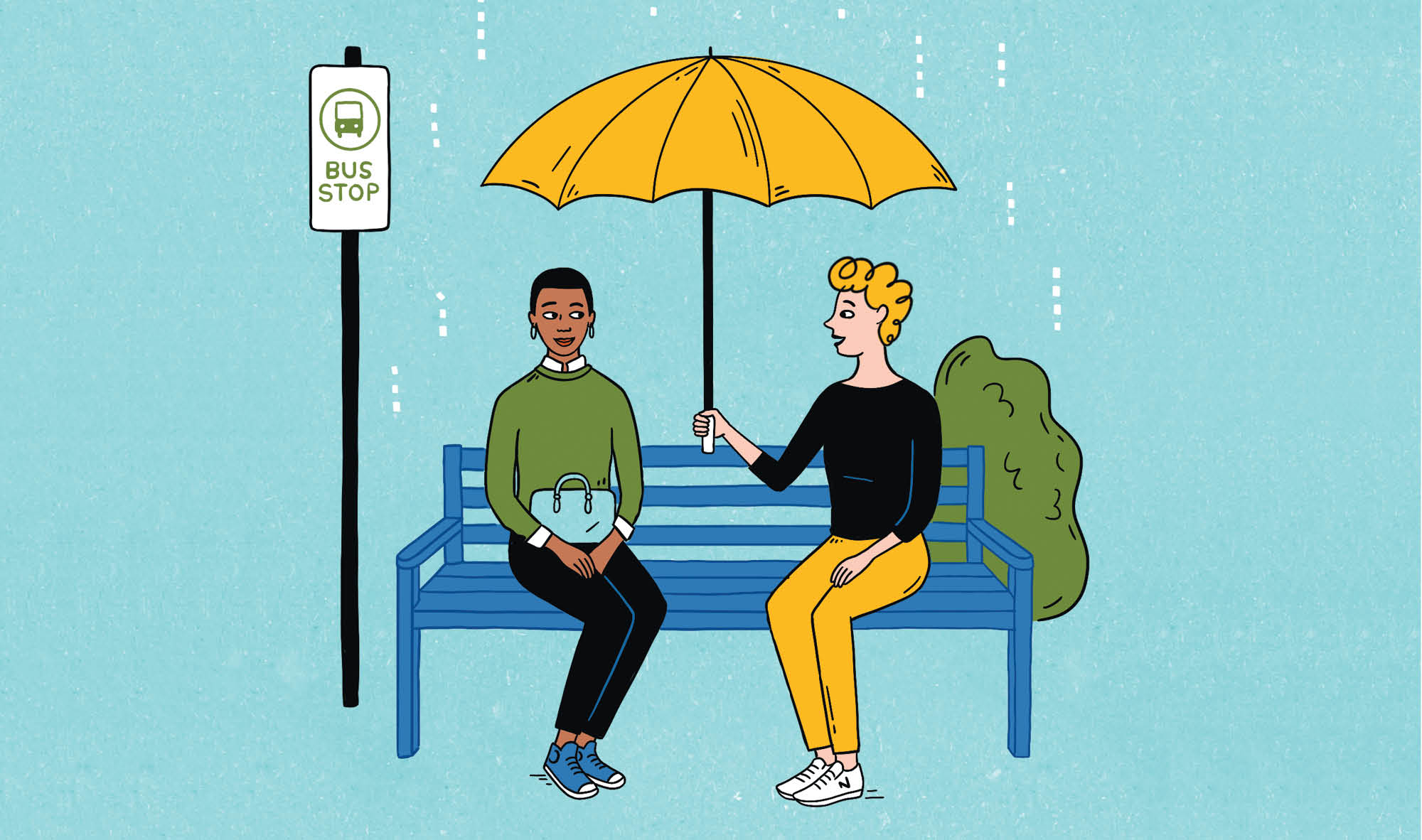 Two strangers sitting under an umbrella at a bus stop.